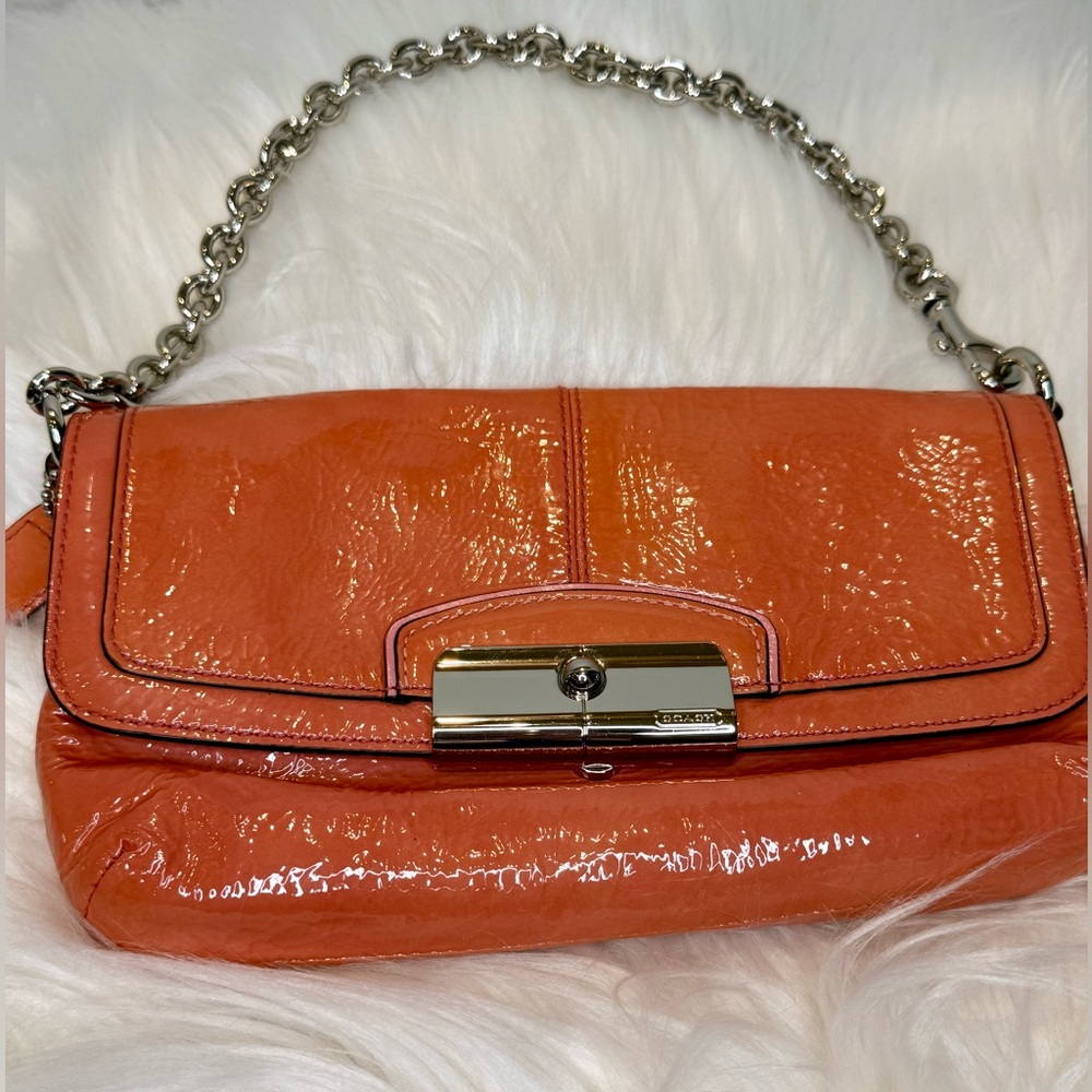 COACH Patent Leather Bag | Magnetic Flap | Coral Pink/Orange | Chain Strap EUC